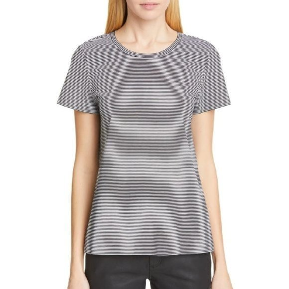 Lafayette 148 Kim Cotton Mini Stripe Roundneck Casual T-Shirt Top White Teal - Picture 1 of 13